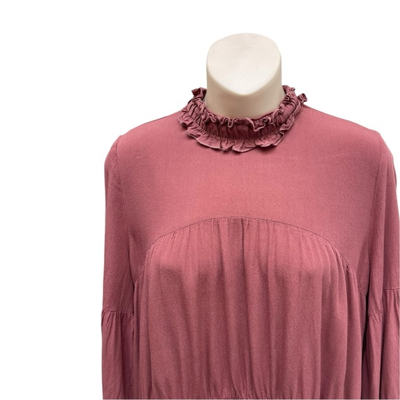 ZARA Dusty Rose Ruffle Neck Peplum Blouse Size S Long Sleeve Feminine Boho - Picture 2 of 9